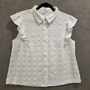 Sabrina Lauren New York Boho Ruffled Blouse Womens SZ Large Pom Pom Embroidered